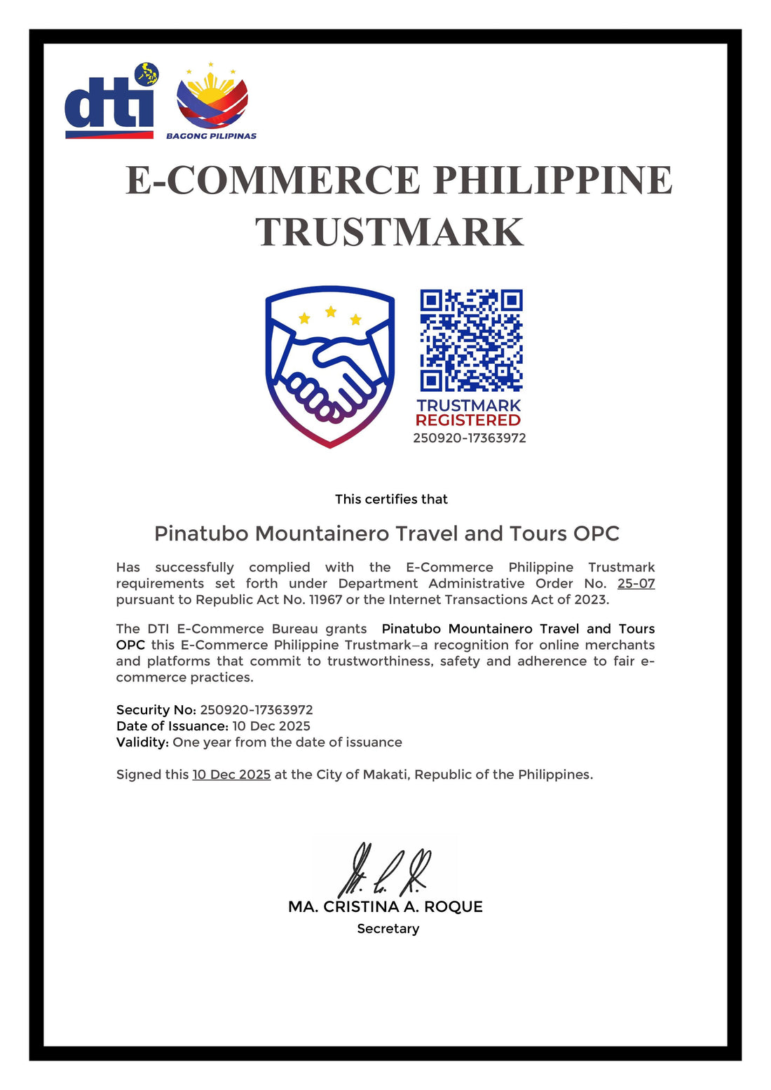 Achieving the E-Commerce Philippine Trustmark Badge: Our Commitment to Safe and Trusted Online Booking